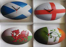 RUGBY BALL WALL CLOCK.NEW. CHOOSE FROM ENGLISH, IRISH, SCOTTISH OR WELSH DESIGN