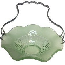 Vintage  Green Glass Fluted Bon Bon Dish with Handle Decorative Bowl 3