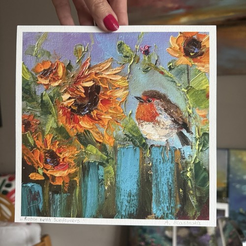 Robin with sunflowers - with, fine