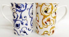 Floral Blue Yellow Scroll Damask & Mica Gold Mugs Set 6 Bone China Castle Cups 