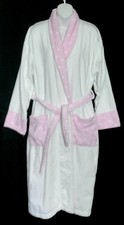 M&S Per Una MEDIUM velour towelling SPOT TRIM DRESSING GOWN bath robe WHITE/PINK