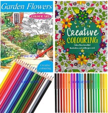 2 X ADULT COLOURING BOOK BOOKS SET CREATIVE /GARDEN + 18 PENCILS + 16 FELT PENS