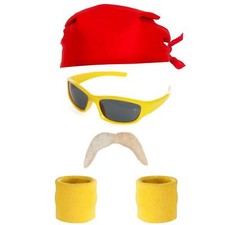1980'S WRESTLER HOGAN COSTUME SET WIG, GLASSES MOUSTACHE BANDANA SWEAT BANDS