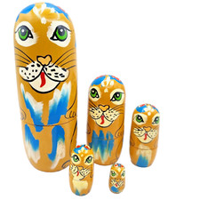 Wooden Cat Russian Dolls Nesting Set of 5 Ornament Brown 6.5" H Birthday Gift