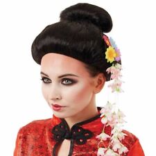 Womens Black Geisha Wig Flowers for Adult Japanese Oriental Fancy Dress Costume