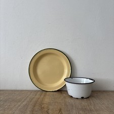 Vintage Rustic White Blue Enamel Bowl & Cream Green Plate Kitchenalia Camping