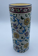RARE LONGWY 'White Background' Cloisonne Cylindrical Pottery Vase D829 *Repaired