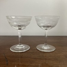Set of 2 Art Deco CRYSTAL CHAMPAGNE COUPES  GLASSES (Reg No) Cross Hatch & Swags