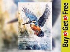 Flying Kingfisher Watercolor Painting Print - River Bird Art 5" x 7"