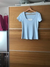 Pale blue t shirt with white modesty panel lace detail, short sleeves size 12
