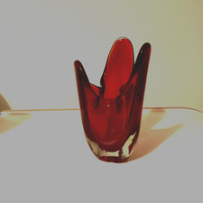 Vintage Red Clear Cased Glass Three Prong Vase, Whitefriars? Iwatsu Japanese?