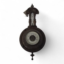 Carved Edwardian Aneroid Barmometer & Thermometer Preloved