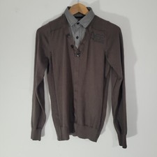NEXT Top Brown Mock Shirt Henley Thin Knit Jumper XS Lightweight Smart Casual