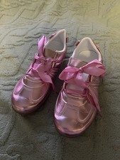 Ladies Metallic Pink Trainers With Elastic Stretch Panels, Ribbon Laces Size 7