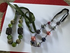 2  BEADED NECKLACES SAGE GREEN BROWN  & THE OTHER METALLIC ROUND BEADSON RIBBON