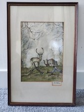 Stag painting watercolour original misty forest woodland animal deer
