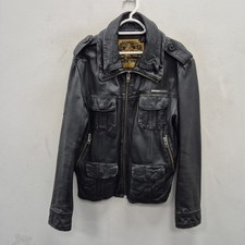 Superdry Black Leather Motorcycle Biker Punk Rock Jacket Coat Size Large Men's