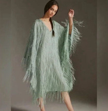 Anthropologie Maeve Sea Foam Green Sheer Fringed Shine Kaftan Rare Dress Size OS