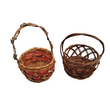 Vintage Cane Open Weave Wicker & Woven Round Shaped Basket with Handle x 2 Small