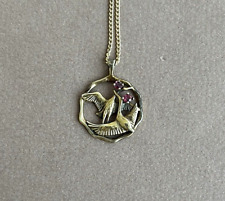 1984 VINTAGE GOLD VERMEIL STORK PENDANT & CHAIN RUBY EYES Franklin Mint sterling