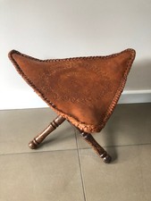 Vintage Tooled Real Leather Topped Triangular Stool with turned wood supports