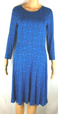 Loft by Ann Taylor 3/4 Sleeve Blue & Black Patterned Skater Dress Women's Small