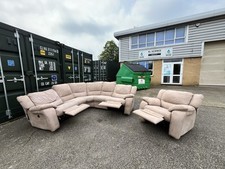 Beige electric corner recliner sofa with matching armchair