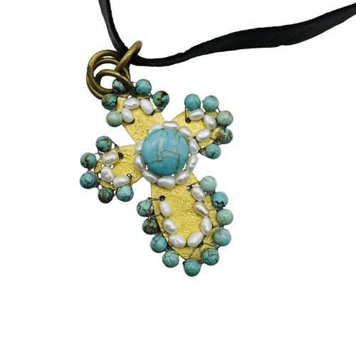 Vtg cross necklace blue stones - blue,