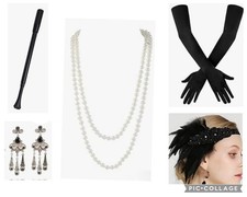 1920s Gatsby flapper fancy dress costume accessories, headband earrings, gloves