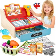 Kids Mini Toy Cash Register Wooden Checkout Till Sound Working Scanner Kids Gift