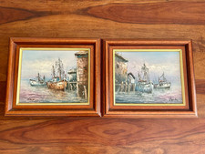 Set of Two Nautical Vintage Harbour Scene Oil Paintings – Signed “Florence”