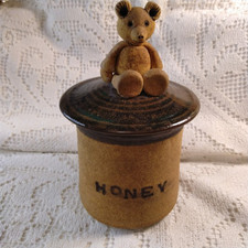 Vintage Handmade Natural Pottery Honey Pot/Jar with Teddy On Lid Impressed Mark