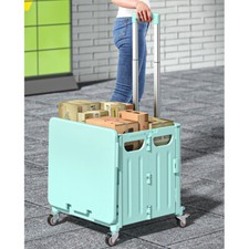 Fold Crate Shopping Trolley Cart Storage Box Car Boot Camping Picnic 45L Wheels