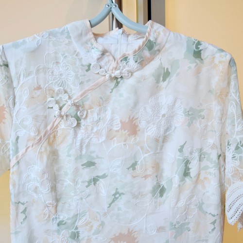 Beige orange green flora qipao - beige,