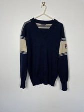Vintage Fila White Line Knit Navy Wool Jumper - V Neck - Made in Italy - Small