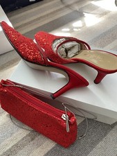 Red Beaded Slippers, Open Back, Medium Heel- And Red Beaded Small Purse 