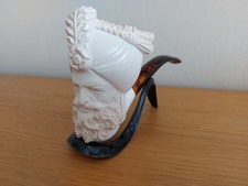 Vintage 1980s Meerschaum hand carved Sultans head pipe from Turkey with stand.