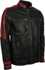 Men's N7 Black Red Leather Biker Jacket Slim Fit Vintage Motorcycle Cafe Racer