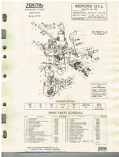 BEDFORD CA VAN 1955 ZENITH 30VIG-11 CARBURETTOR SERVICE BULLETIN/PARTS LIST