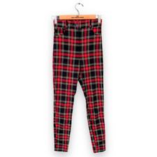 Ladies Red Black Tartan Checked Skinny Christmas Stretch Trousers Size 6