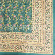 Indian Block Printed Turquoise Floral Jaal Table Cloths Rectangular 100% Cotton