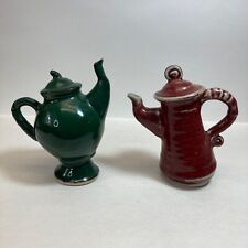 Handmade Ceramic Decorative Funky Teapots Green Maroon Signed Artisan Pottery