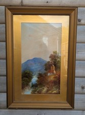 Large Antique Victorian Oil Painting Original frame Mountain River Landscape