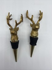Pair Wine Bottle Stoppers Stags Gold Tone Metal Reindeer Christmas Decor Novelty