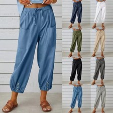 Casual Harem Size Summer Baggy Women Cotton Linen Pants Trousers UK