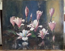 1930-1940 ORIGINAL OIL PAINTING PINK MAGNOLIA FLOWERS FLORAL VINTAGE SIGNED ART