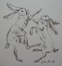 Original signed drawing in pen & ink & eraser on paper of two boxing hares