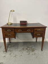 Vintage Inlaid Writing Desk with Leather Top and Brass Handles