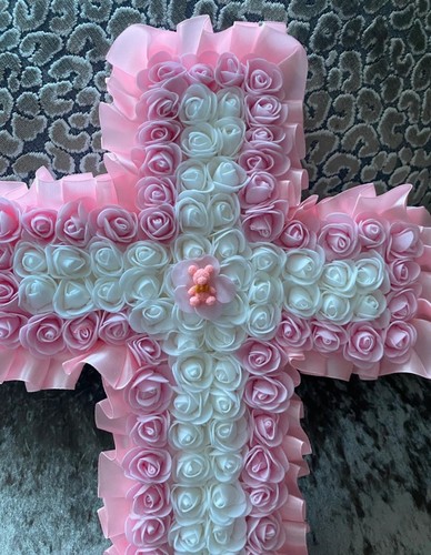 Pink and white cross wreath - and,