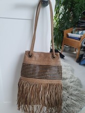 Camel beige leather ponyskin fringed tassled shoulder bag topshop etui